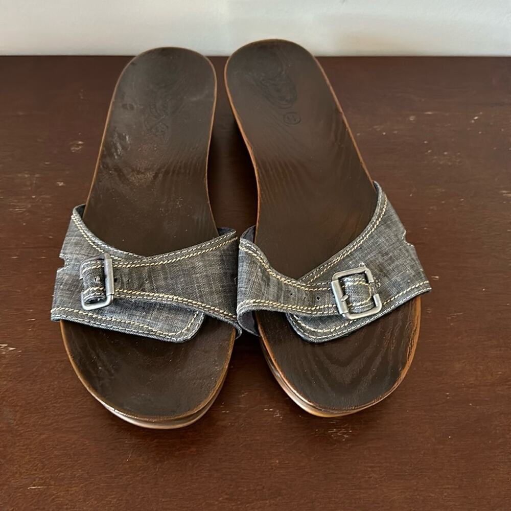 Dr. Scholl's | Blue Denim/Chambray Adjustable Strap Wooden Clogs Size 11